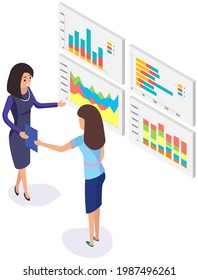 Visualisieren Sie sich mit Unternehmensanalytik. Die Menschen arbeiten mit statistischen Datenanalysen, wechselnden Indikatoren. Mitarbeiter analysieren statistische Indikatoren, Geschäftsdaten. Charaktere arbeiten mit Marketingforschung zusammen