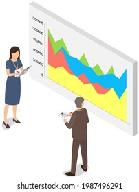 Visualizar con análisis de negocio. Las personas trabajan con análisis de datos estadísticos, indicadores cambiantes. Los empleados analizan los indicadores estadísticos y los datos empresariales. Los caracteres trabajan con la investigación de marketing