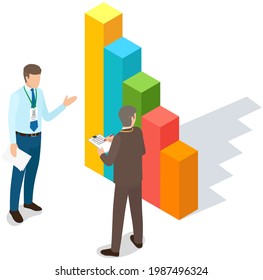 Visualize with business analytics. People work with statistical data analysis, changing indicators. Employees analyze statistical indicators, business data. Characters work with marketing research