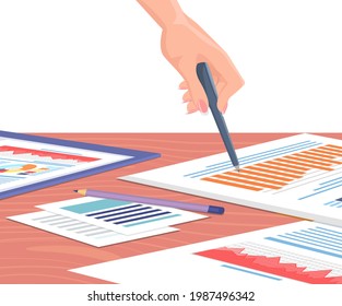 Visualize with business analytics. People work with statistical data analysis, changing indicators. Employees analyze statistical indicators, business data. Characters work with marketing research