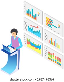 Visualize with business analytics. People work with statistical data analysis, changing indicators. Employees analyze statistical indicators, business data. Characters work with marketing research