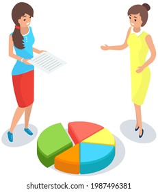 Visualize with business analytics. People work with statistical data analysis, changing indicators. Employees analyze statistical indicators, business data. Characters work with marketing research