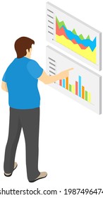 Visualize with business analytics. People work with statistical data analysis, changing indicators. Employees analyze statistical indicators, business data. Characters work with marketing research