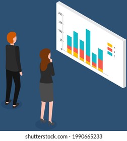 Visualize with business analytics. People work with statistical data analysis, changing indicators. Employees analyze statistical indicators, business data. Characters work with marketing research