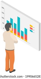 Visualize with business analytics. People work with statistical data analysis, changing indicators. Employees analyze statistical indicators, business data. Characters work with marketing research