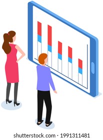 Visualisieren Sie sich mit Unternehmensanalytik. Die Menschen arbeiten mit statistischen Datenanalysen, wechselnden Indikatoren. Mitarbeiter analysieren statistische Indikatoren, Geschäftsdaten. Charaktere arbeiten mit Marketingforschung zusammen