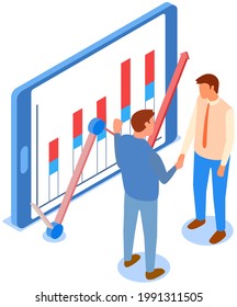 Visualisieren Sie sich mit Unternehmensanalytik. Die Menschen arbeiten mit statistischen Datenanalysen, wechselnden Indikatoren. Mitarbeiter analysieren statistische Indikatoren, Geschäftsdaten. Charaktere arbeiten mit Marketingforschung zusammen