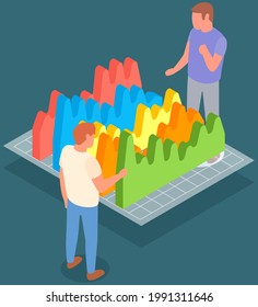 Visualizar con análisis de negocio. Las personas trabajan con análisis de datos estadísticos, indicadores cambiantes. Los empleados analizan los indicadores estadísticos y los datos empresariales. Los caracteres trabajan con la investigación de marketing