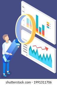 Visualize with business analytics. People work with statistical data analysis, changing indicators. Employees analyze statistical indicators, business data. Characters work with marketing research