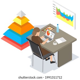 Visualisieren Sie sich mit Unternehmensanalytik. Die Menschen arbeiten mit statistischen Datenanalysen, wechselnden Indikatoren. Mitarbeiter analysieren statistische Indikatoren, Geschäftsdaten. Charaktere arbeiten mit Marketingforschung zusammen