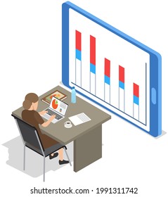 Visualize with business analytics. People work with statistical data analysis, changing indicators. Employees analyze statistical indicators, business data. Characters work with marketing research