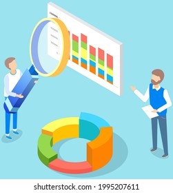 Visualize with business analytics. People work with statistical data analysis, changing indicators. Employees analyze statistical indicators, business data. Characters work with marketing research