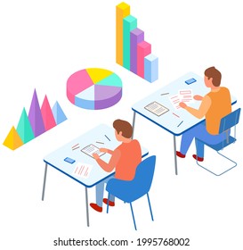 Visualize with business analytics. People work with statistical data analysis, changing indicators. Employees analyze statistical indicators, business data. Characters work with marketing research