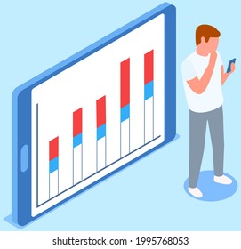 Visualize with business analytics. People work with statistical data analysis, changing indicators. Employees analyze statistical indicators, business data. Characters work with marketing research