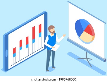 Visualize with business analytics. People work with statistical data analysis, changing indicators. Employees analyze statistical indicators, business data. Characters work with marketing research