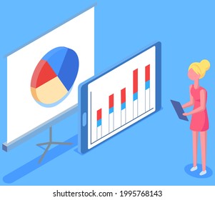 Visualize with business analytics. People work with statistical data analysis, changing indicators. Employees analyze statistical indicators, business data. Characters work with marketing research