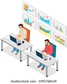 Visualize with business analytics. People work with statistical data analysis, changing indicators. Employees analyze statistical indicators, business data. Characters work with marketing research