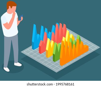 Visualizar con análisis de negocio. Las personas trabajan con análisis de datos estadísticos, indicadores cambiantes. Los empleados analizan los indicadores estadísticos y los datos empresariales. Los caracteres trabajan con la investigación de marketing