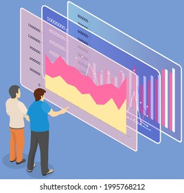 Visualizar con análisis de negocio. Las personas trabajan con análisis de datos estadísticos, indicadores cambiantes. Los empleados analizan los indicadores estadísticos y los datos empresariales. Los caracteres trabajan con la investigación de marketing