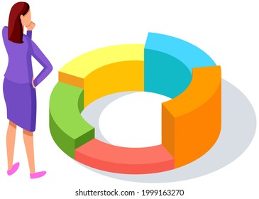Visualize with business analytics. People work with statistical data analysis, changing indicators. Employees analyze statistical indicators, business data. Characters work with marketing research