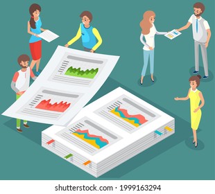 Visualizar con análisis de negocio. Las personas trabajan con análisis de datos estadísticos, indicadores cambiantes. Los empleados analizan los indicadores estadísticos y los datos empresariales. Los caracteres trabajan con la investigación de marketing