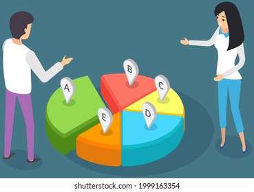 Visualize with business analytics. People work with statistical data analysis, changing indicators. Employees analyze statistical indicators, business data. Characters work with marketing research