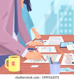 Visualizar con análisis de negocio. Las personas trabajan con análisis de datos estadísticos, indicadores cambiantes. Los empleados analizan los indicadores estadísticos y los datos empresariales. Los caracteres trabajan con la investigación de marketing