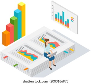 Visualize with business analytics. People work with statistical data analysis, changing indicators. Employees analyze statistical indicators, business data. Characters work with marketing research