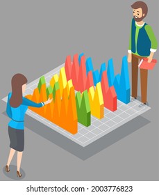 Visualize with business analytics. People work with statistical data analysis, changing indicators. Employees analyze statistical indicators, business data. Characters work with marketing research