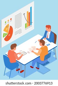 Visualize with business analytics. People work with statistical data analysis, changing indicators. Employees analyze statistical indicators, business data. Characters work with marketing research