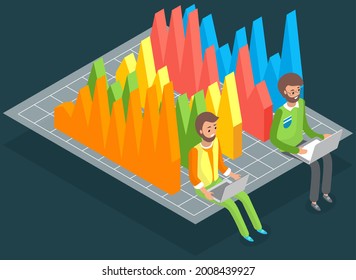 Visualize with business analytics. People work with statistical data analysis, changing indicators. Employees analyze statistical indicators, business data. Characters work with marketing research