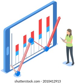 Visualize with business analytics. People work with statistical data analysis, changing indicators. Employees analyze statistical indicators, business data. Characters work with marketing research