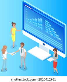 Visualize with business analytics. People work with statistical data analysis, changing indicators. Employees analyze statistical indicators, business data. Characters work with marketing research