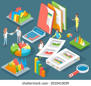 Visualize with business analytics. People work with statistical data analysis, changing indicators. Employees analyze statistical indicators, business data. Characters work with marketing research