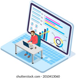 Visualize with business analytics. People work with statistical data analysis, changing indicators. Employees analyze statistical indicators, business data. Characters work with marketing research