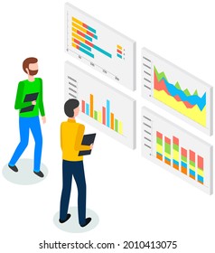 Visualize with business analytics. People work with statistical data analysis, changing indicators. Employees analyze statistical indicators, business data. Characters work with marketing research