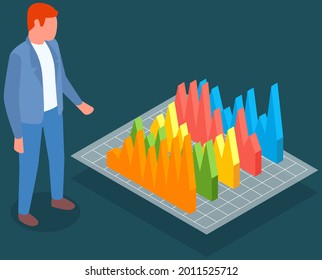 Visualize with business analytics. People work with statistical data analysis, changing indicators. Employees analyze statistical indicators, business data. Characters work with marketing research