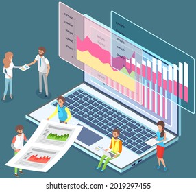 Visualisieren Sie sich mit Unternehmensanalytik. Die Menschen arbeiten mit statistischen Datenanalysen, wechselnden Indikatoren. Mitarbeiter analysieren statistische Indikatoren, Geschäftsdaten. Charaktere arbeiten mit Marketingforschung zusammen