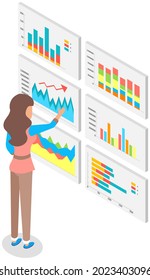 Visualize with business analytics. People work with statistical data analysis, changing indicators. Employees analyze statistical indicators, business data. Characters work with marketing research