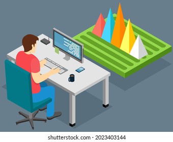 Visualize with business analytics. People work with statistical data analysis, changing indicators. Employees analyze statistical indicators, business data. Characters work with marketing research