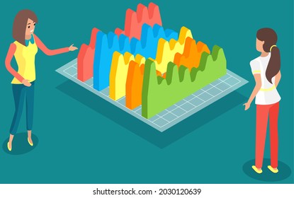 Visualize with business analytics. People work with statistical data analysis, changing indicators. Employees analyze statistical indicators, business data. Characters work with marketing research