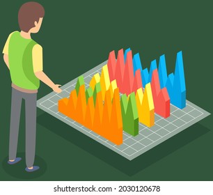 Visualize with business analytics. People work with statistical data analysis, changing indicators. Employees analyze statistical indicators, business data. Characters work with marketing research