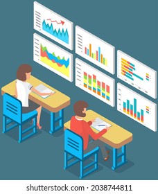 Visualize with business analytics. People work with statistical data analysis, changing indicators. Employees analyze statistical indicators, business data. Characters work with marketing research