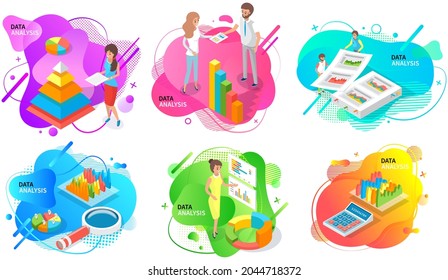Visualizar con análisis de negocio. Las personas trabajan con análisis de datos estadísticos, indicadores cambiantes. Los empleados analizan los indicadores estadísticos y los datos empresariales. Los caracteres trabajan con la investigación de marketing