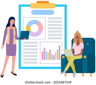 Visualize with business analytics. People work with statistical data analysis, changing indicators. Employees analyze statistical indicators, business data. Characters work with marketing research