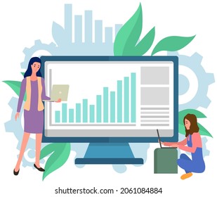 Visualize with business analytics. People work with statistical data analysis, changing indicators. Employees analyze statistical indicators, business data. Characters work with marketing research