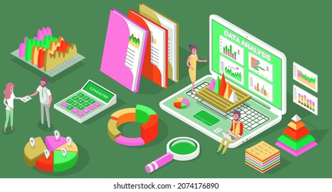 Visualize with business analytics. People work with statistical data analysis, changing indicators. Employees analyze statistical indicators, business data. Characters work with marketing research