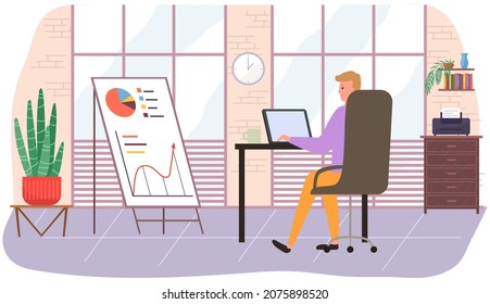 Visualize with business analytics. People work with statistical data analysis, changing indicators. Employees analyze statistical indicators, business data. Characters work with marketing research