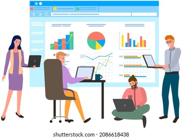 Visualize with business analytics. People work with statistical data analysis, changing indicators. Employees analyze statistical indicators, business data. Characters work with marketing research