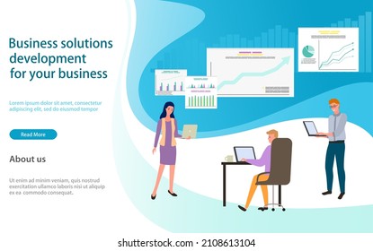 Visualize with business analytics. People work with statistical data analysis, changing indicators. Employees analyze statistical indicators, business data. Characters work with marketing research